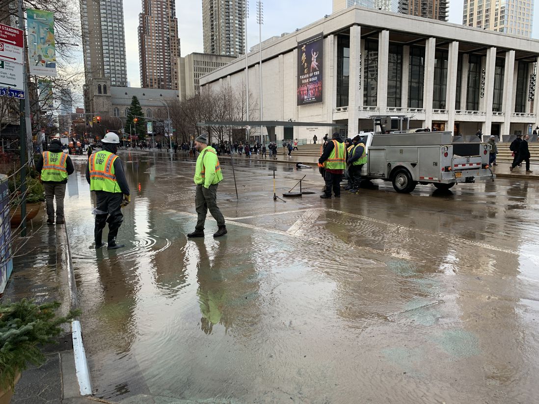 Scenes from a water main break outside Lincoln Center